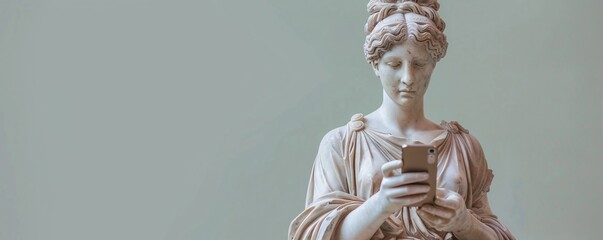 Against a clean background, a marble statue of a Greek goddess holds a smartphone, her expression serene as she engages with social media. The combination of ancient and modern elements, along with