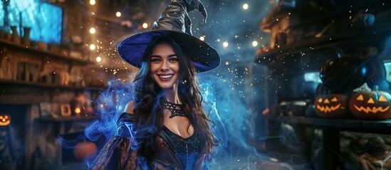 Beautiful Caucasian woman smiling dressed as a witch, inside a medieval-themed room with Halloween decorations, Jack-o'-lanterns, candles, mysterious smoke, copy space.