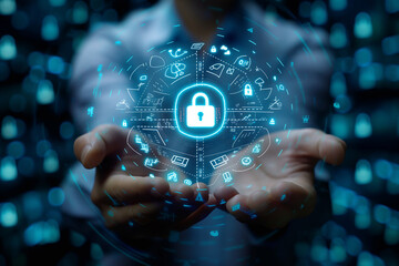 Businessman holding backup icon and global network with analysing tehnology data, data security, network connection on interface background