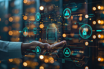 Businessman holding backup icon and global network with analysing tehnology data, data security, network connection on interface background