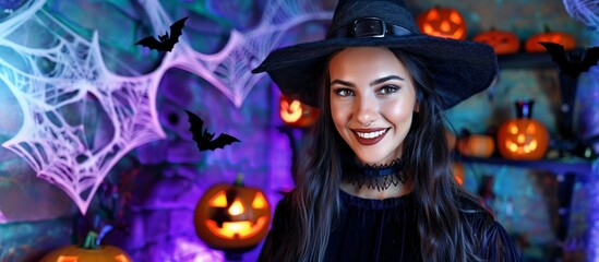 Caucasian beautiful woman smiling dressed as a witch, inside a Halloween-themed room with Jack-o'-lanterns, cobwebs, bats, copy space