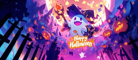 Smiling Ghost in Witch Costume, with 'Happy Halloween' Message, Surrounded by Pumpkins and Ghosts, Sunset, Cemetery, Copy Space.