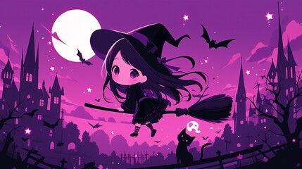 Little witch on her flying broom with her cat, over the city, in a night sky with the moon, clouds, and stars, Halloween, Chibi anime style.