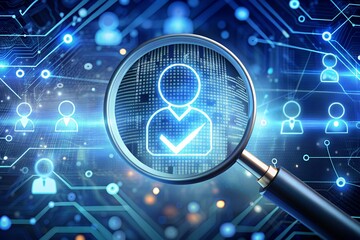 Magnifying glass on digital identities close-up, character ICONS and check marks, technical interfaces floating in the background, identity security technology used by businesses