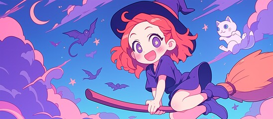 Little witch on her flying broom with her cat, night sky with moon, clouds, and stars, Chibi anime style, copy space. 