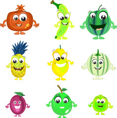 Set of nine colorful fruits characters in laughing way on png background.