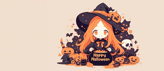 Smiling girl dressed as a witch, using a cauldron, surrounded by pumpkins, ghosts, and decorations, with the phrase 'Happy Halloween,' in Chibi anime style, copy space.
