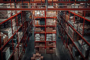 A warehouse with rows and shelves filled with boxes of goods, all under the bright lights of an industrial building.