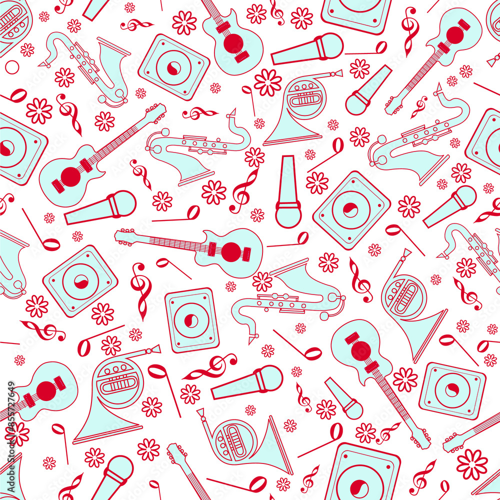 Poster flat style music notes and instruments elements decorated on white background.
