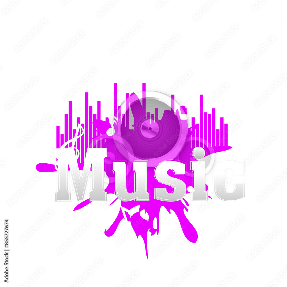 Poster abstract music background with notes, woofer splatter effect. png vector.