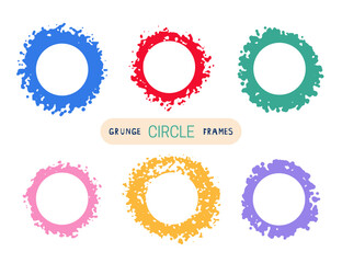 Colorful hand drawn grunge doodle charcoal, chalk brush circle frames. Rough texture round borders. Spray noise paint effect. Vector illustration