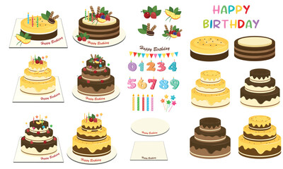 Birthday cake vector set. Birthday party element. Flat vector in cartoon style isolated on white background.