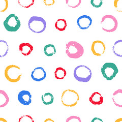 Fun colorful circle seamless pattern. Hand drawn doodle round shapes art background. Polka dot creative backdrop for children party. Vector texture