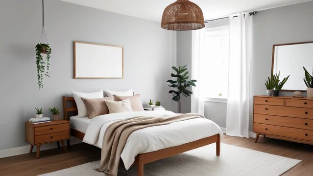 cozy modern bedroom featuring a large bed with white and beige linens, wooden furniture and hanging green plants against light gray wall. Above the bed there's a blank frame mockup copy space