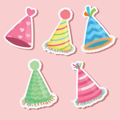 Party hat sticker vector. Birthday hat sticker. Birthday element. Flat vector in cartoon style isolated on pink background.