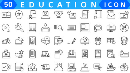 Education line icon collection..Contains knowledge, college, task list, design, training, idea, .teacher, file, graduation hat, institute, ruler, and telescope..Education set of web icons in style