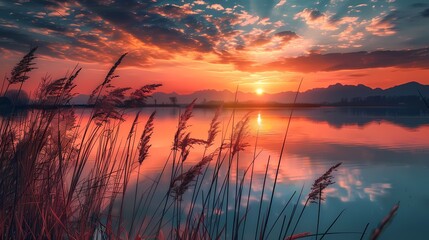 Fototapeta premium Orange red lake sunset reeds illustration poster background