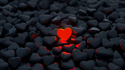 Fototapeta premium Dark background, a red glowing love heart in the middle of black hearts, in the style of cartoon, 3d render, mobile wallpaper, love theme wallpaper