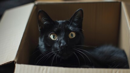 Adorable black feline seated resting dozing unwinding concealing and playing in a cardboard container a pet inside a paper box with the cat peering out inquisitively