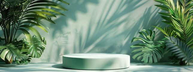 Dense green tropical leaves surrounding a circular stage, suitable for botanical themes and nature displays