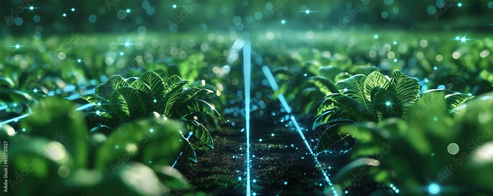 Poster advanced vegetable field with digital technology background. artificial intelligence and data scienc