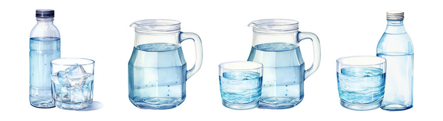 Drinking water in watercolor style set