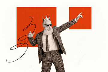 Composite photo collage of happy old gray haired man wear plaid suit dance party coronation prom...