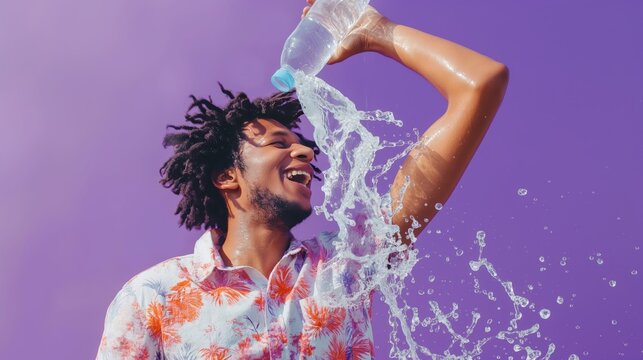 photo of an attractive african american man in his mid-20s, pouring water from the bottle onto himself and laughing heartily against a purple background
