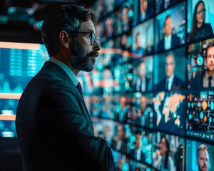 Fototapeta premium Business Leader Engaging with International Clients in Virtual Meeting on Large Screen