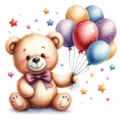 Isolated watercolor-style illustration of a cute teddy bear with baloons on a white background. Cute teddy bear character. Greeting card.