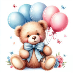 Isolated watercolor-style illustration of a cute teddy bear with baloons on a white background....