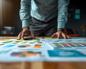 Business Leader Preparing for Presentation with Charts and Notes Spread on Table
