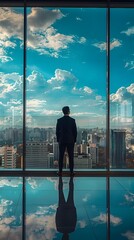 Fototapeta premium Business Leader s Moment of Reflection in Panoramic High Rise Office