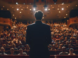 Business Leader Delivering Motivational Speech to Employees in Bright Auditorium Concept