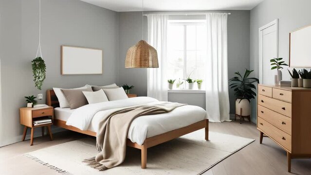 cozy modern bedroom featuring a large bed with white and beige linens, wooden furniture and hanging green plants against light gray wall. Above the bed there's a blank frame mockup copy space