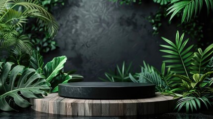 Black modern podium stage with tropical greenery, perfect for presentation and luxurious display product