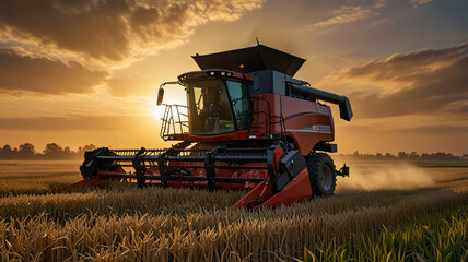 Fototapeta premium A combine harvester cuts through a golden wheat field bathed in the warm glow of a summer sunset