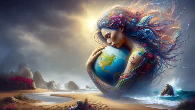 A Beautiful woman with planet Earth in her hands coming out of the beach. Conceptual image, concept of environment, Earth Day, and save our planet