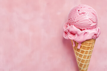 A refreshing scoop of strawberry ice cream on a cone against a pink background, symbolizing summer treats and indulgence
