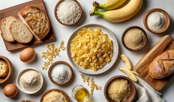 Top view of high carbohydrate ingredients on white background - banana bread grain rice potato wheat pasta sugar - high carbs and high calories diet which can lead to insulin resistance or diabetes