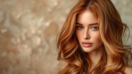 A stylish woman with long, wavy hair cascading over her shoulders, highlighting the vibrant, multi-tonal hair coloring and the smooth, healthy texture of her hair. The photo captures the intricate