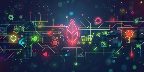 A sleek digital image depicting Kjupi's integration of sustainability and advanced technology in advertising. Background gradient dark blue with faint digital circuits. Icons from left to right 2:1