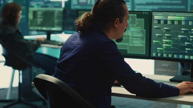 Cyber security experts in a governmental hacking room working on securing networks. Hackers focusing on malware detection, cyber operations and protection against digital mercenaries. Camera A.