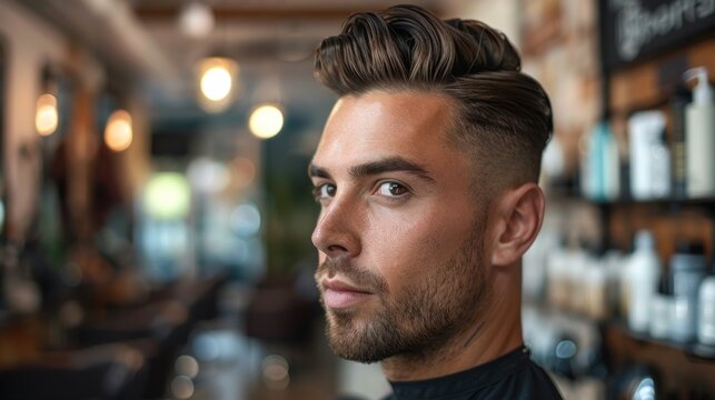 A man with a trendy undercut hairstyle, showcasing the contrast between the short, neatly trimmed sides and the longer, slicked-back top. The photo focuses on the precision of the haircut and the