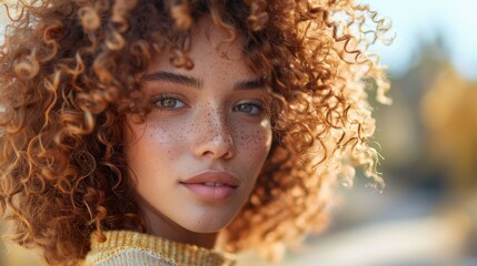 A woman with voluminous, curly hair, showcasing the natural texture and bounce. The photo highlights the fullness and vitality of her curls. The background is a bright, outdoor setting with natural