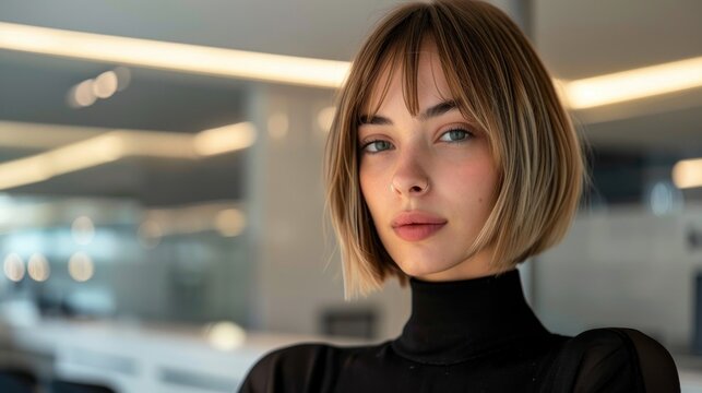 A woman with a stylish bob haircut, featuring sharp, clean lines and a sleek finish. The photo highlights the precision and sophistication of the hairstyle. The background is a modern, well-lit salon