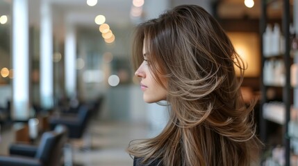 A woman with long, layered hair, featuring subtle highlights that add depth and dimension. The photo highlights the movement and texture of the layers. The background is a bright, well-lit salon with