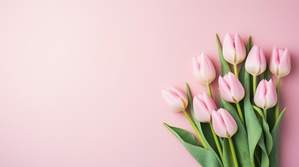 Fototapeta premium Close-Up Of Pink Tulips With Green Leaves On A Soft Pink Background For A Fresh And Elegant Look. Generative AI