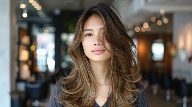 A woman with long, layered hair, featuring subtle highlights that add depth and dimension. The photo highlights the movement and texture of the layers. The background is a bright, well-lit salon with