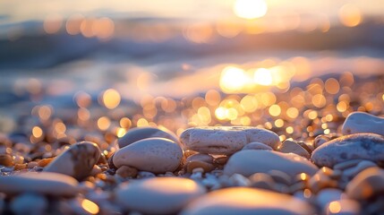 Fototapeta premium Sunlit beach pebbles glowing in golden light